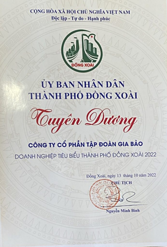 Công Ty Cổ Phần Tập Đoàn Gia Bảo - Tự hào là doanh nghiệp tiêu biểu TP. Đồng Xoài năm 2022