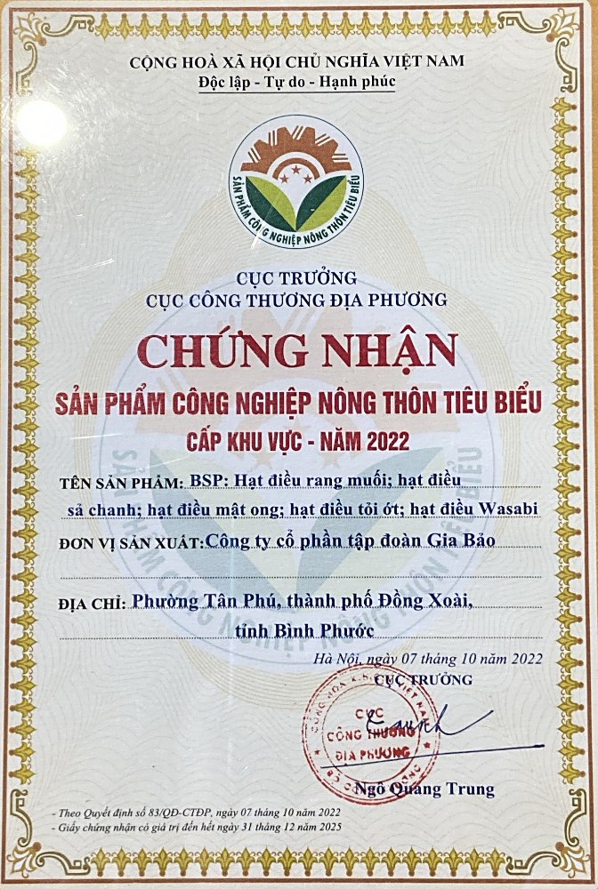 Công ty Gia Bảo xuất sắc đạt chứng nhận Sản phẩm Công nghiệp Nông thôn tiêu biểu cấp khu vực năm 2022